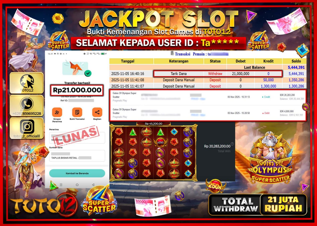 HANYA DI TOTO12 JP PASTI DI BAYAR LUNAS DAN CEPAT!!!!!! JACKPOT SLOT GAME (GATES OF OLYMPUS SUPER SCATTER) Rp.21.000.000 !!!!