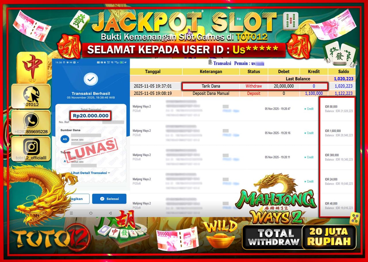 HANYA DI TOTO12 JP PASTI DI BAYAR LUNAS DAN CEPAT!!!!!! JACKPOT SLOT GAME (MAHJONG WAYS 2) Rp.20.000.000 !!!!