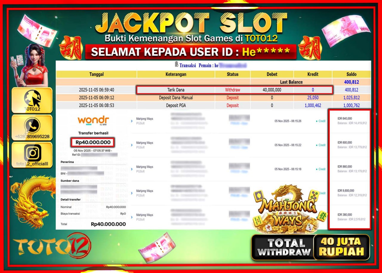 HANYA DI TOTO12 JP PASTI DI BAYAR LUNAS DAN CEPAT!!!!!! JACKPOT SLOT GAME (MAHJONG WAYS) Rp.40.000.000 !!!!