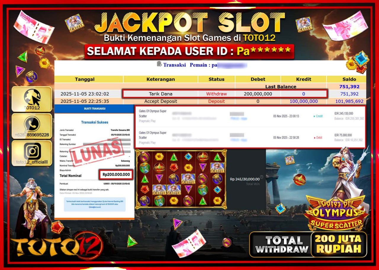 HANYA DI TOTO12 JP PASTI DI BAYAR LUNAS DAN CEPAT!!!!!! JACKPOT SLOT GAME (GATES OF OLYMPUS SUPER SCATTER) Rp.200.000.000 !!!!