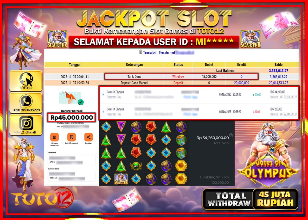 HANYA DI TOTO12 JP PASTI DI BAYAR LUNAS DAN CEPAT!!!!!! JACKPOT SLOT GAME (GATES OF OLYMPUS) Rp.45.000.000 !!!!