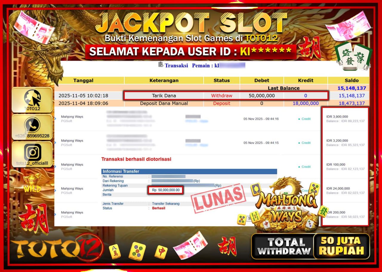 HANYA DI TOTO12 JP PASTI DI BAYAR LUNAS DAN CEPAT!!!!!! JACKPOT SLOT GAME (MAHJONG WAYS) Rp.50.000.000 !!!!