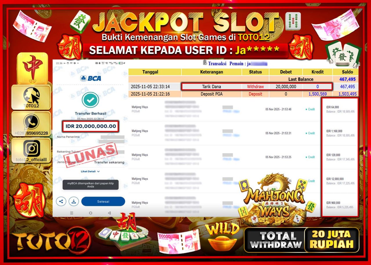 HANYA DI TOTO12 JP PASTI DI BAYAR LUNAS DAN CEPAT!!!!!! JACKPOT SLOT GAME (MAHJONG WAYS) Rp.20.000.000 !!!!