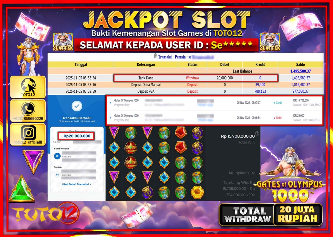 HANYA DI TOTO12 JP PASTI DI BAYAR LUNAS DAN CEPAT!!!!!! JACKPOT SLOT GAME (GATES OF OLYMPUS 1000) Rp.20.000.000 !!!!