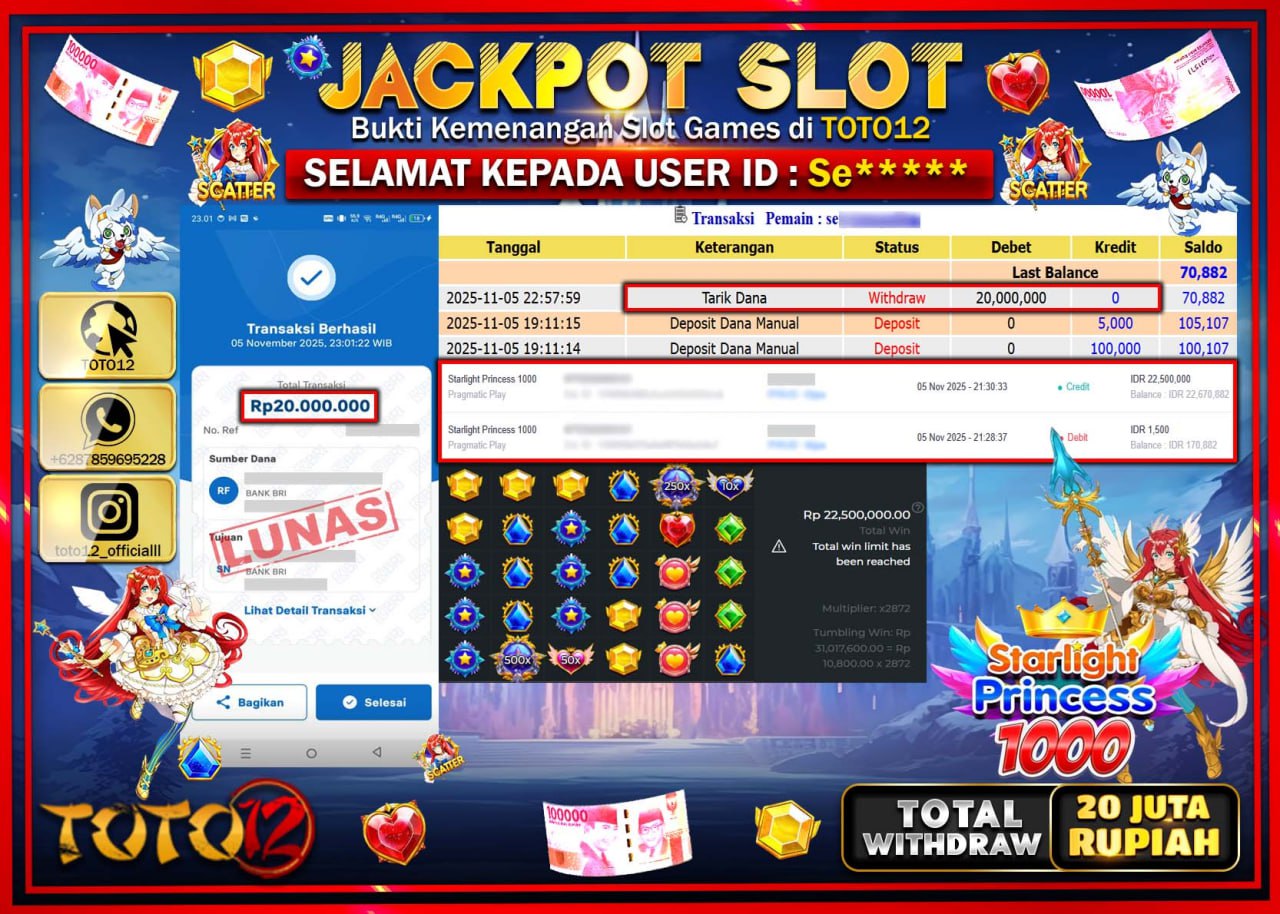 HANYA DI TOTO12 JP PASTI DI BAYAR LUNAS DAN CEPAT!!!!!! JACKPOT SLOT GAME (STARLIGHT PRINCESS 1000) Rp.20.000.000 !!!!