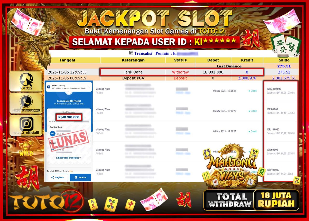 HANYA DI TOTO12 JP PASTI DI BAYAR LUNAS DAN CEPAT!!!!!! JACKPOT SLOT GAME (MAHJONG WAYS) Rp.18.301.000 !!!!