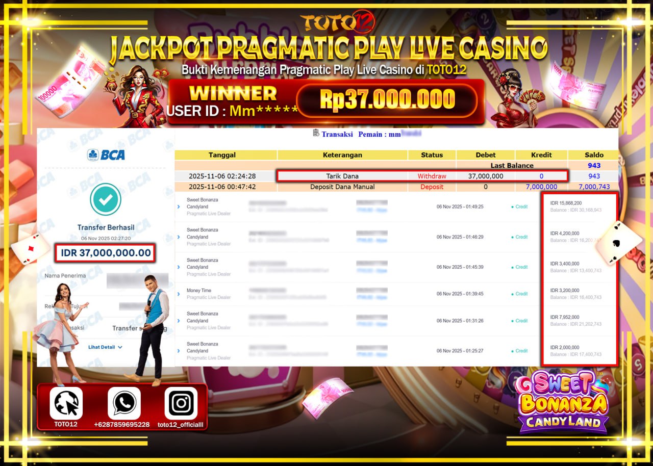 HANYA DI TOTO12 JP PASTI DI BAYAR LUNAS DAN CEPAT!!!!!! JACKPOT PRAGMATIC PLAY LIVE CASINO (SWEET BONANZA CANDYLAND) Rp.37.000.000 !!!!