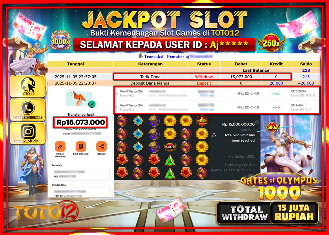HANYA DI TOTO12 JP PASTI DI BAYAR LUNAS DAN CEPAT!!!!!! JACKPOT SLOT GAME (GATES OF OLYMPUS 1000) Rp.15.073.000 !!!!