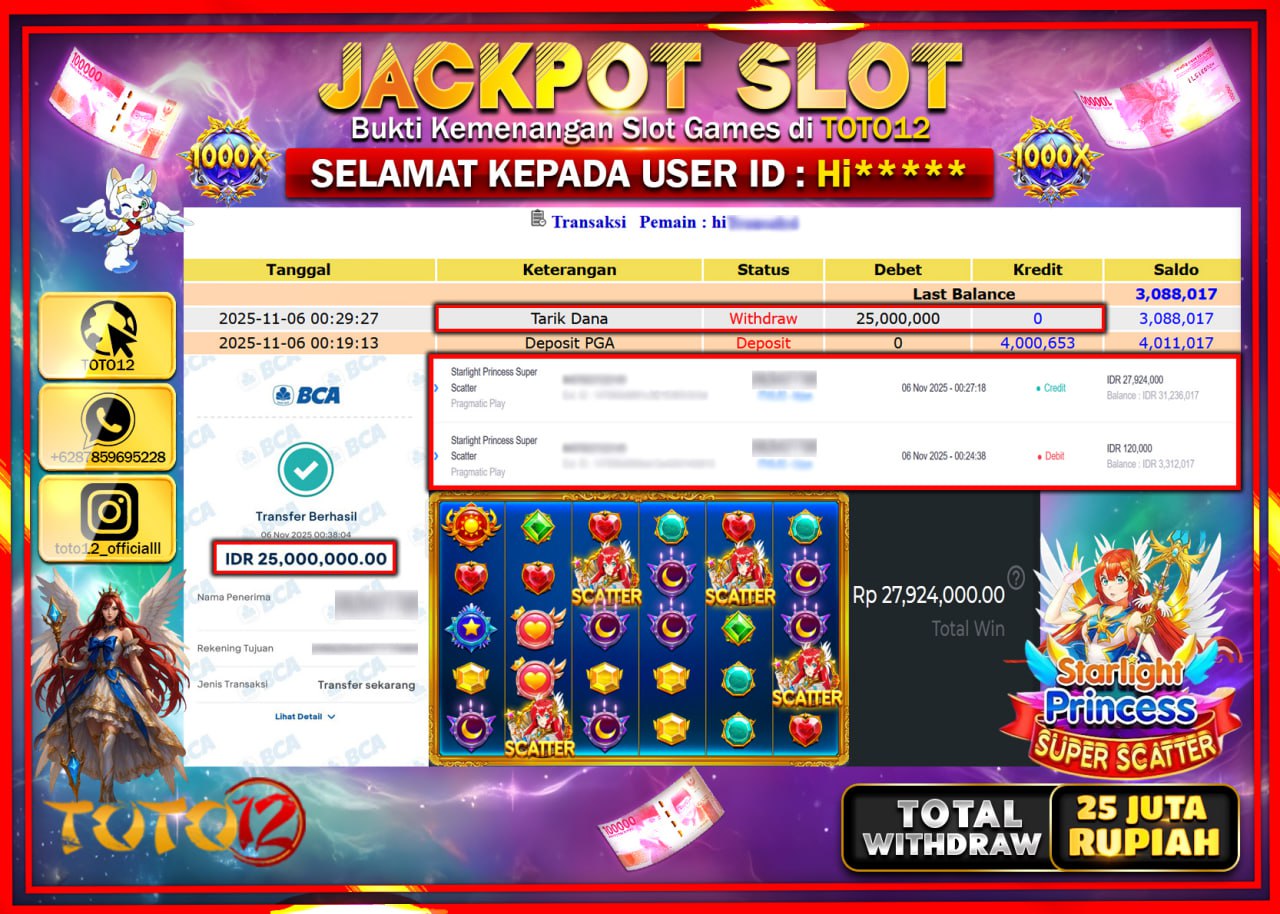 HANYA DI TOTO12 JP PASTI DI BAYAR LUNAS DAN CEPAT!!!!!! JACKPOT SLOT GAME (STARLIGHT PRINCESS SUPER SCATTER) Rp.25.000.000 !!!!