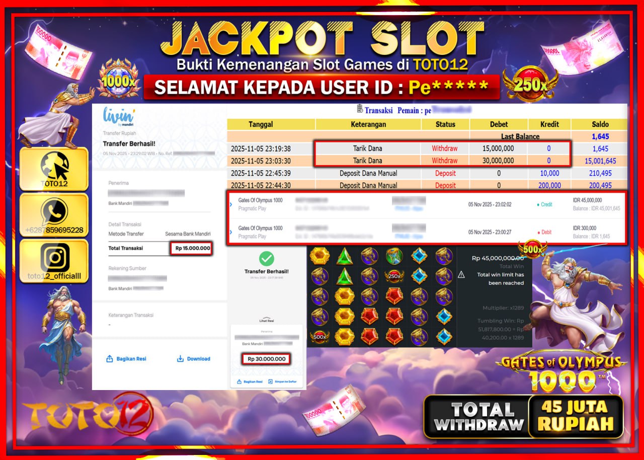 HANYA DI TOTO12 JP PASTI DI BAYAR LUNAS DAN CEPAT!!!!!! JACKPOT SLOT GAME (GATES OF OLYMPUS 1000) Rp.45.000.000 !!!!