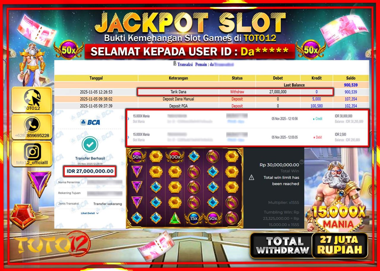 HANYA DI TOTO12 JP PASTI DI BAYAR LUNAS DAN CEPAT!!!!!! JACKPOT SLOT GAME (15.000X MANIA) Rp.27.000.000 !!!!