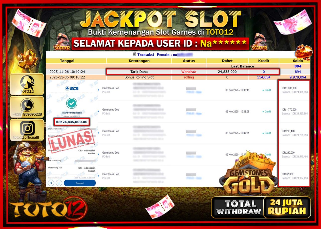 HANYA DI TOTO12 JP PASTI DI BAYAR LUNAS DAN CEPAT!!!!!! JACKPOT SLOT GAME (GEMSTONES GOLD) Rp.24.835.000 !!!!