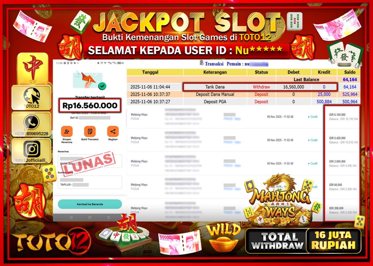 HANYA DI TOTO12 JP PASTI DI BAYAR LUNAS DAN CEPAT!!!!!! JACKPOT SLOT GAME (MAHJONG WAYS) Rp.16.560.000 !!!!