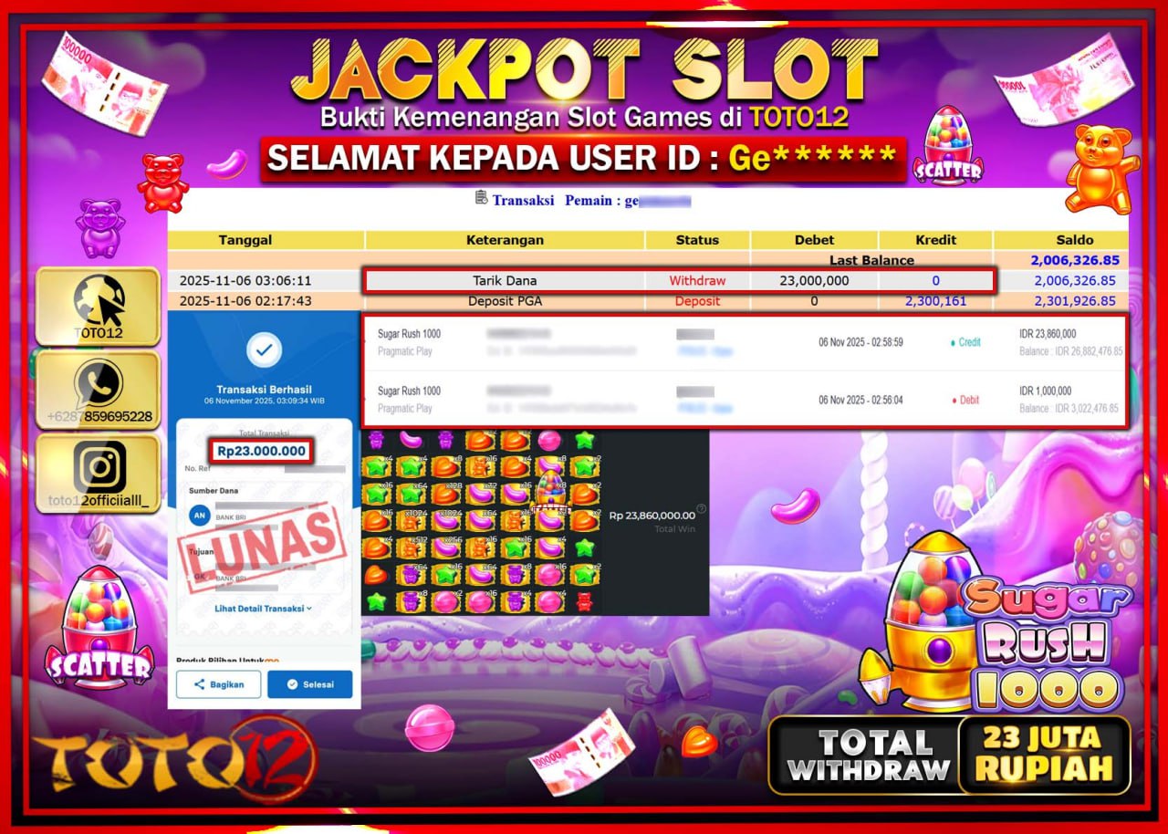 HANYA DI TOTO12 JP PASTI DI BAYAR LUNAS DAN CEPAT!!!!!! JACKPOT SLOT GAME (SUGAR RUSH 1000) Rp.23.000.000 !!!!