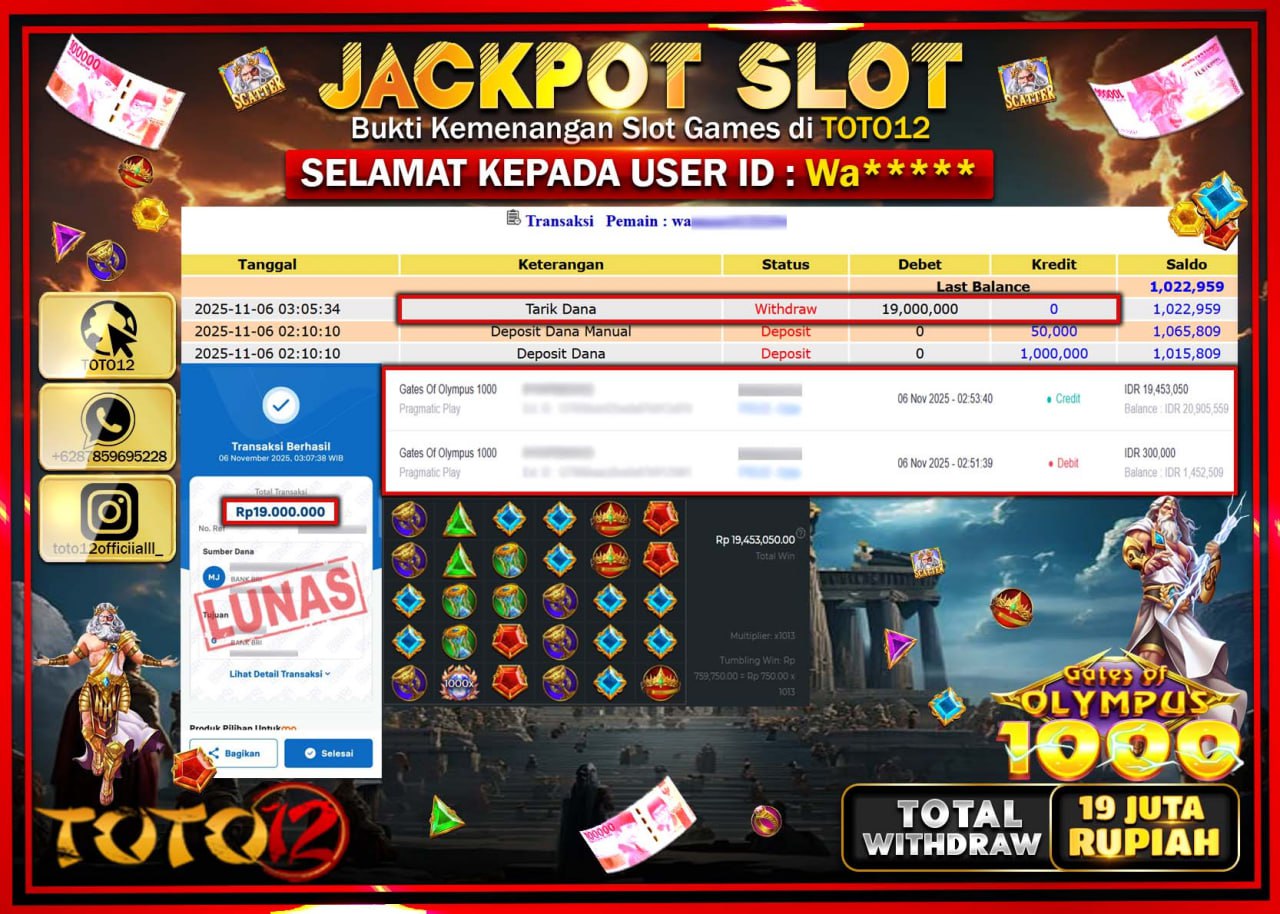 HANYA DI TOTO12 JP PASTI DI BAYAR LUNAS DAN CEPAT!!!!!! JACKPOT SLOT GAME (GATES OF OLYMPUS 1000) Rp.19.000.000 !!!!
