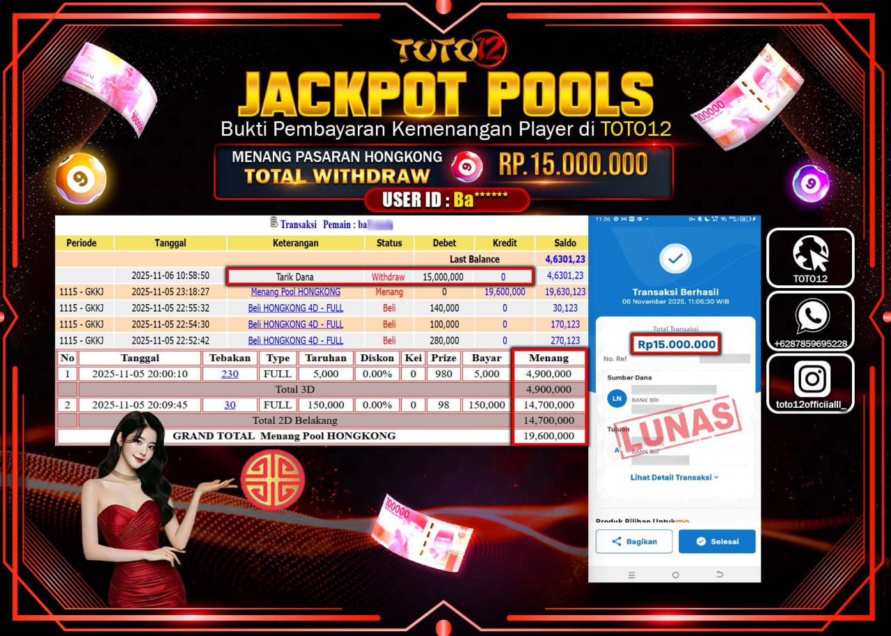 HANYA DI TOTO12 JP PASTI DI BAYAR LUNAS DAN CEPAT!!!!!! JACKPOT POOLS PASARAN (HONGKONG) Rp.15.000.000 !!!!