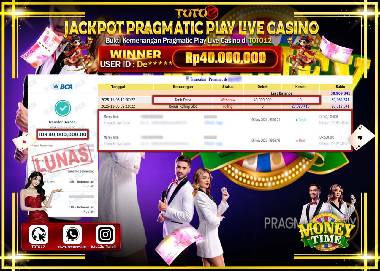 HANYA DI TOTO12 JP PASTI DI BAYAR LUNAS DAN CEPAT!!!!!! JACKPOT PRAGMATIC PLAY LIVE CASINO (MONEY TIME) Rp.40.000.000 !!!!