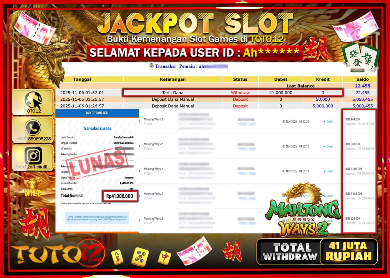 HANYA DI TOTO12 JP PASTI DI BAYAR LUNAS DAN CEPAT!!!!!! JACKPOT SLOT GAME (MAHJONG WAYS 2) Rp.41.000.000 !!!!