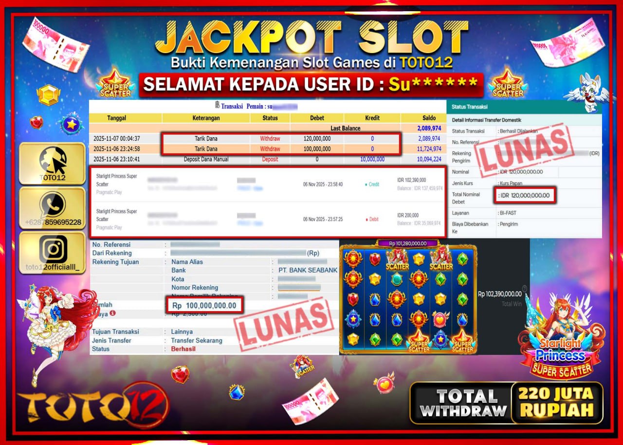 HANYA DI TOTO12 JP PASTI DI BAYAR LUNAS DAN CEPAT!!!!!! JACKPOT SLOT GAME (STARLIGHT PRINCESS SUPER SCATTER) Rp.220.000.000 !!!!