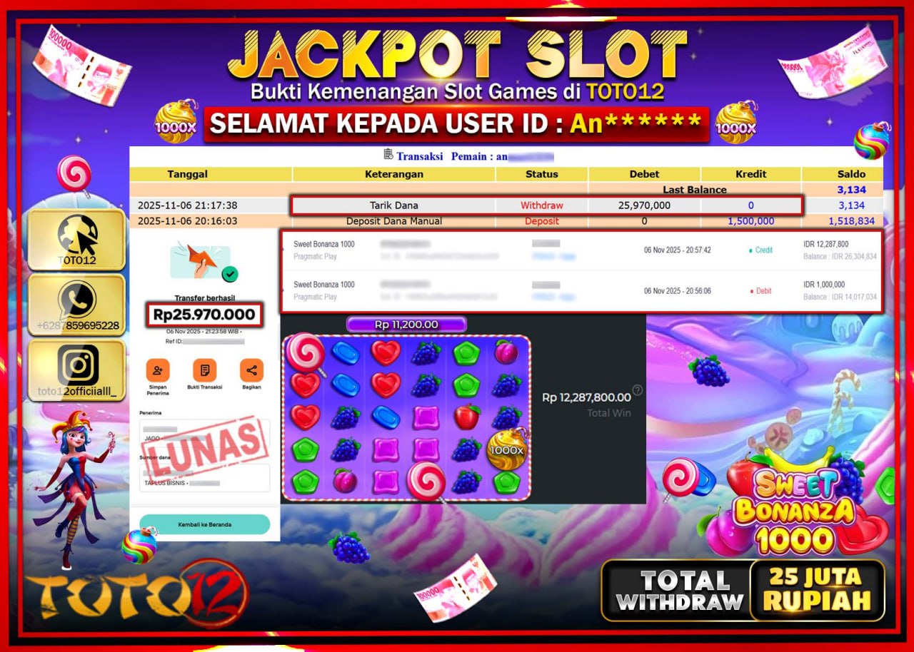 HANYA DI TOTO12 JP PASTI DI BAYAR LUNAS DAN CEPAT!!!!!! JACKPOT SLOT GAME (SWEET BONANZA 1000) Rp.25.970.000 !!!!