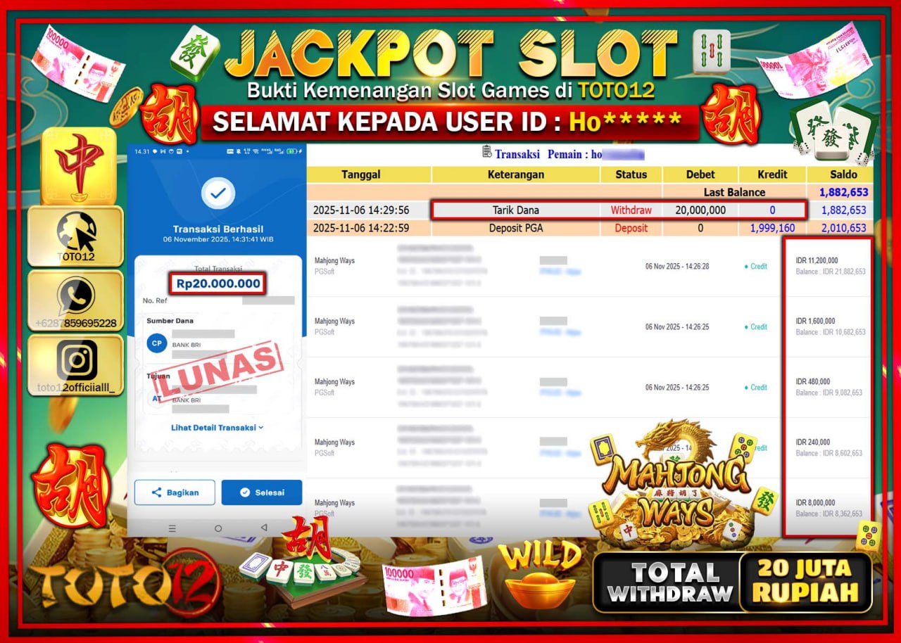 HANYA DI TOTO12 JP PASTI DI BAYAR LUNAS DAN CEPAT!!!!!! JACKPOT SLOT GAME (MAHJONG WAYS) Rp.20.000.000 !!!!