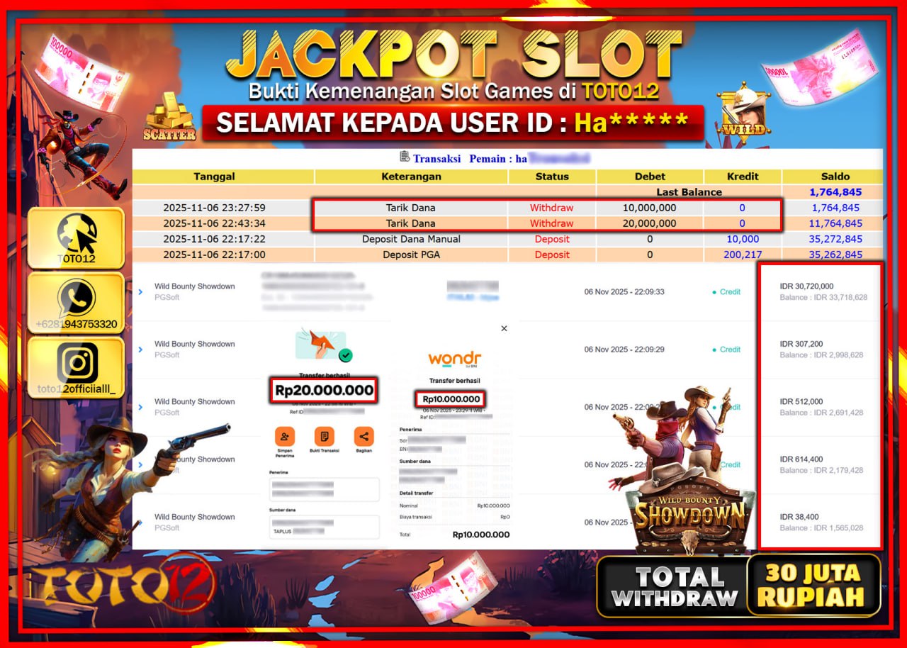 HANYA DI TOTO12 JP PASTI DI BAYAR LUNAS DAN CEPAT!!!!!! JACKPOT SLOT GAME (WILD BOUNTY SHOWDOWN) Rp.30.000.000 !!!!