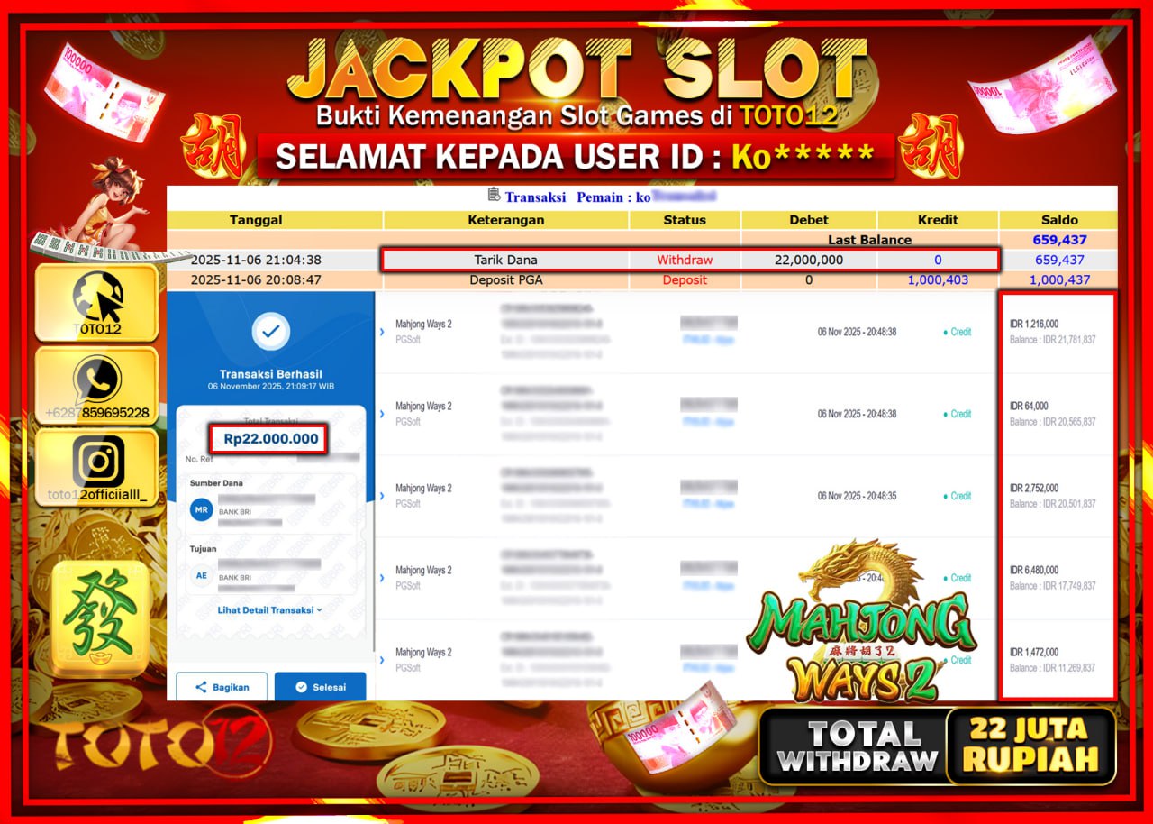 HANYA DI TOTO12 JP PASTI DI BAYAR LUNAS DAN CEPAT!!!!!! JACKPOT SLOT GAME (MAHJONG WAYS 2) Rp.22.000.000 !!!!