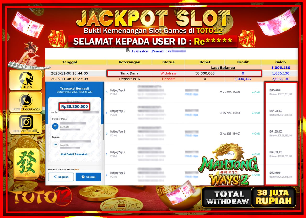 HANYA DI TOTO12 JP PASTI DI BAYAR LUNAS DAN CEPAT!!!!!! JACKPOT SLOT GAME (MAHJONG WAYS 2) Rp.38.300.000 !!!!