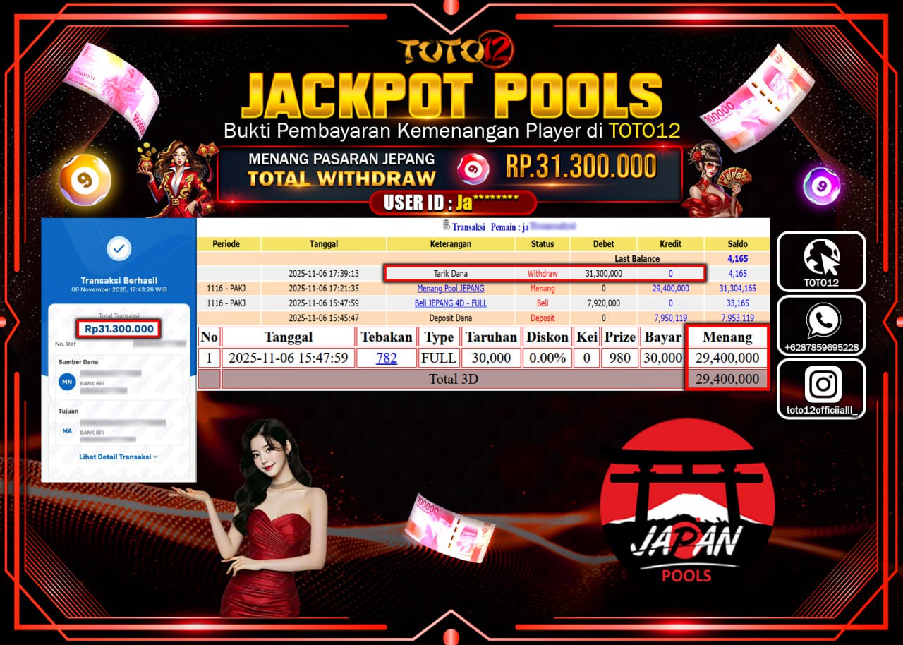 HANYA DI TOTO12 JP PASTI DI BAYAR LUNAS DAN CEPAT!!!!!! JACKPOT POOLS PASARAN (JEPANG) Rp.31.300.000 !!!!