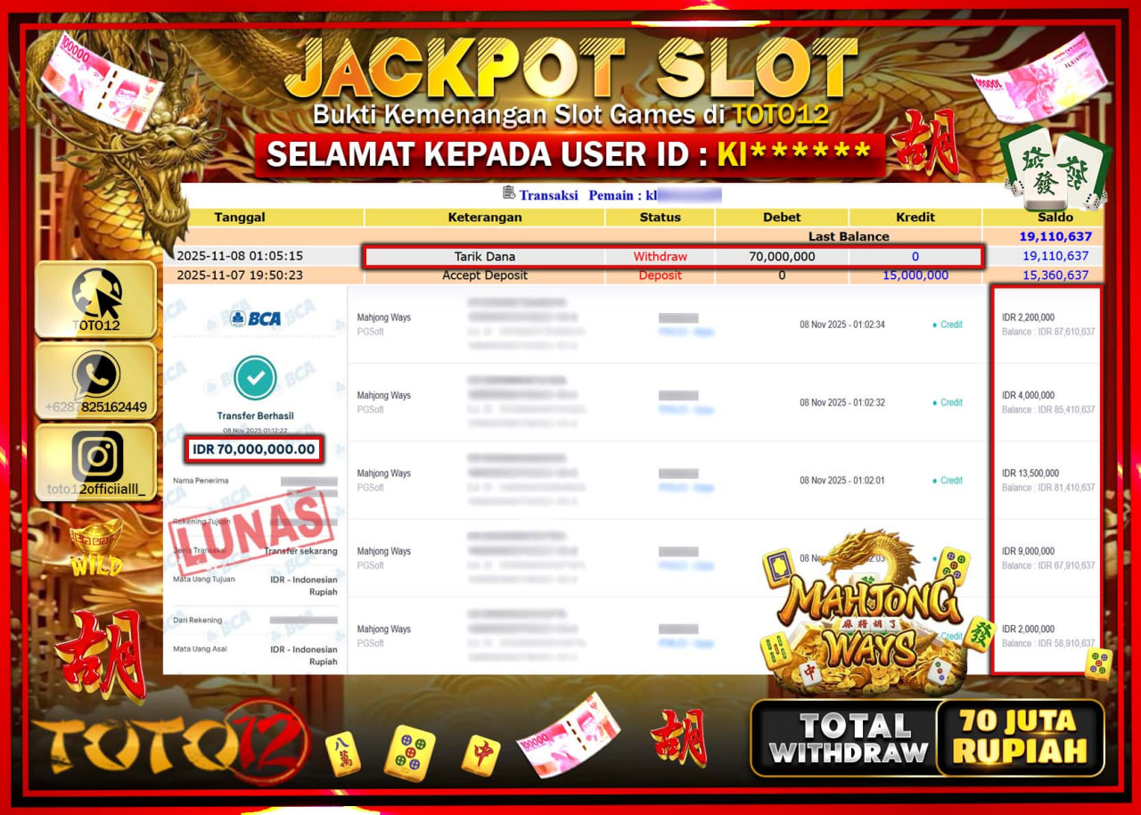 HANYA DI TOTO12 JP PASTI DI BAYAR LUNAS DAN CEPAT!!!!!! JACKPOT SLOT GAME (MAHJONG WAYS) Rp.70.000.000 !!!!