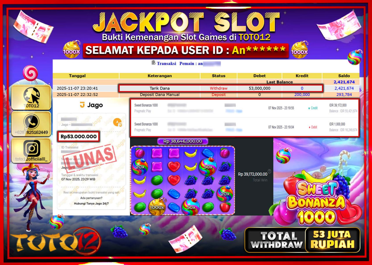 HANYA DI TOTO12 JP PASTI DI BAYAR LUNAS DAN CEPAT!!!!!! JACKPOT SLOT GAME (SWEET BONANZA 1000) Rp.53.000.000 !!!!