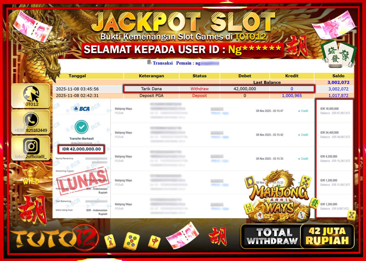 HANYA DI TOTO12 JP PASTI DI BAYAR LUNAS DAN CEPAT!!!!!! JACKPOT SLOT GAME (MAHJONG WAYS) Rp.42.000.000 !!!!