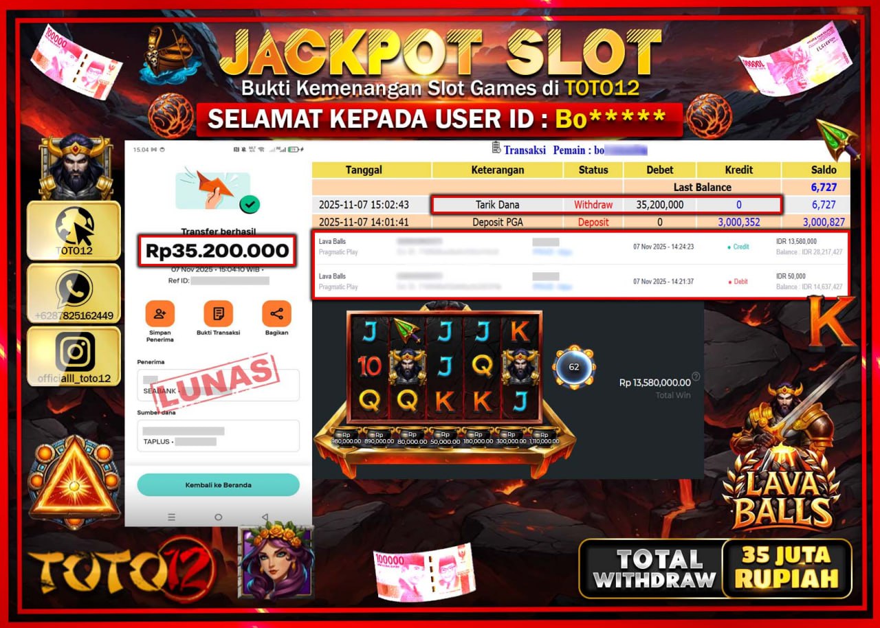 HANYA DI TOTO12 JP PASTI DI BAYAR LUNAS DAN CEPAT!!!!!! JACKPOT SLOT GAME (LAVA BALLS) Rp.35.200.000 !!!!