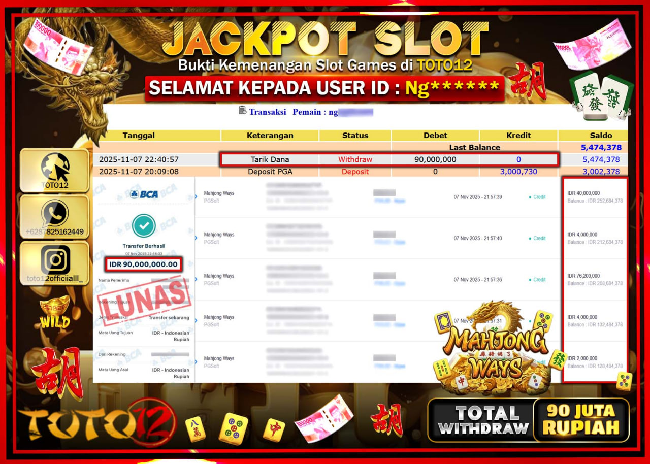HANYA DI TOTO12 JP PASTI DI BAYAR LUNAS DAN CEPAT!!!!!! JACKPOT SLOT GAME (MAHJONG WAYS) Rp.90.000.000 !!!!