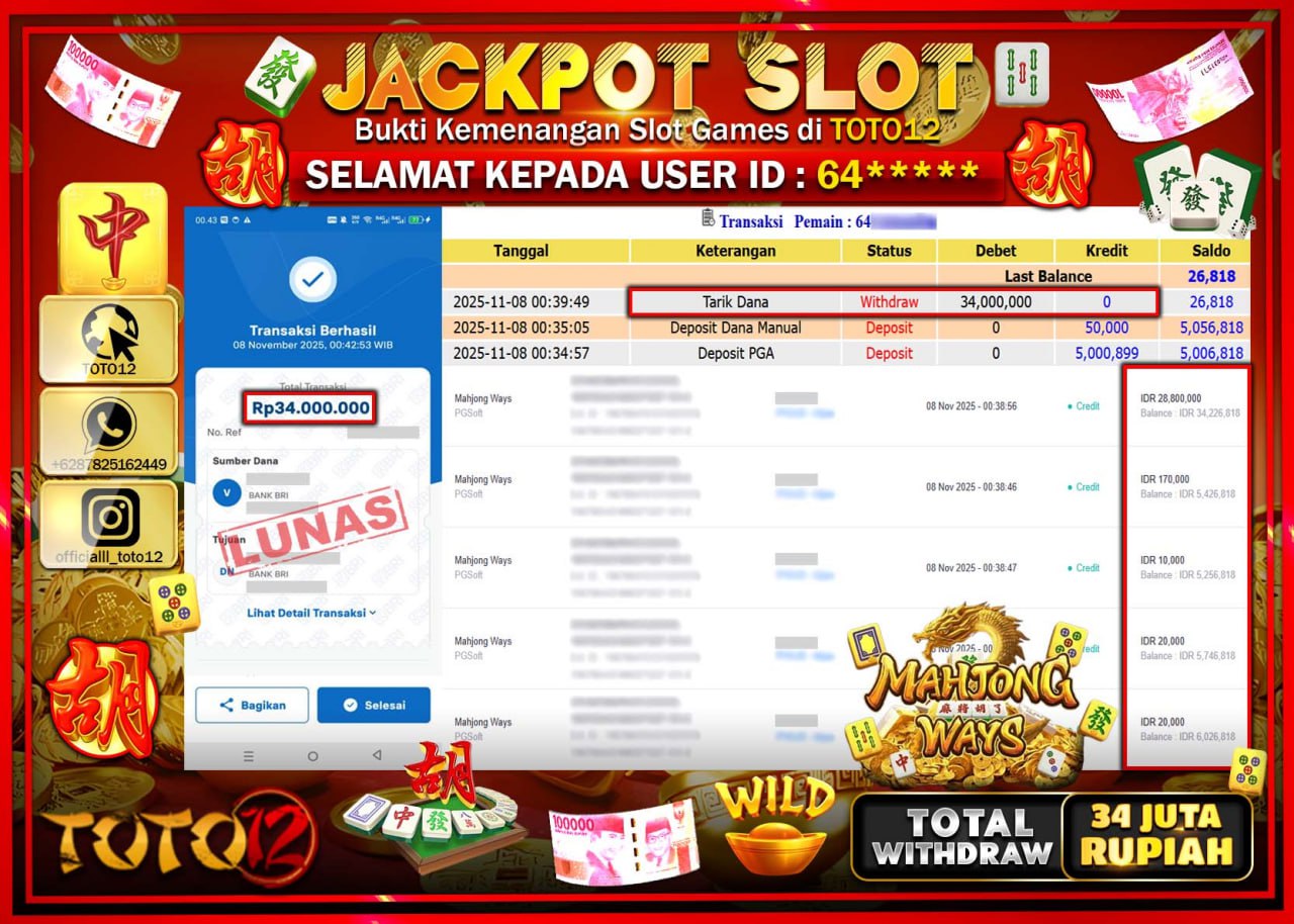 HANYA DI TOTO12 JP PASTI DI BAYAR LUNAS DAN CEPAT!!!!!! JACKPOT SLOT GAME (MAHJONG WAYS) Rp.34.000.000 !!!!
