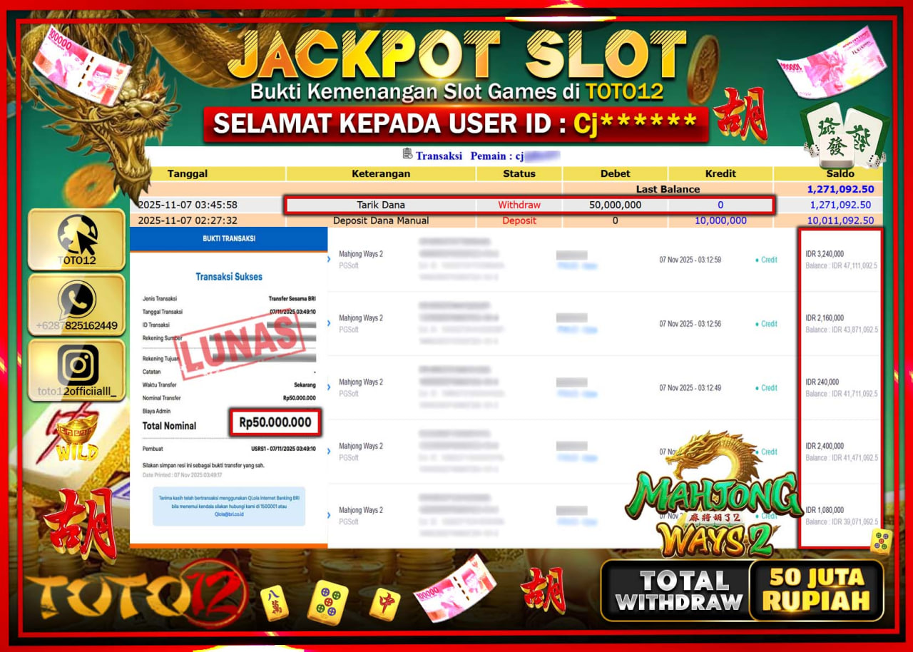 HANYA DI TOTO12 JP PASTI DI BAYAR LUNAS DAN CEPAT!!!!!! JACKPOT SLOT GAME (MAHJONG WAYS 2) Rp.50.000.000 !!!!