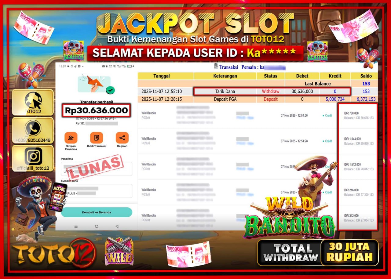 HANYA DI TOTO12 JP PASTI DI BAYAR LUNAS DAN CEPAT!!!!!! JACKPOT SLOT GAME (WILD BANDITO) Rp.30.636.000 !!!!