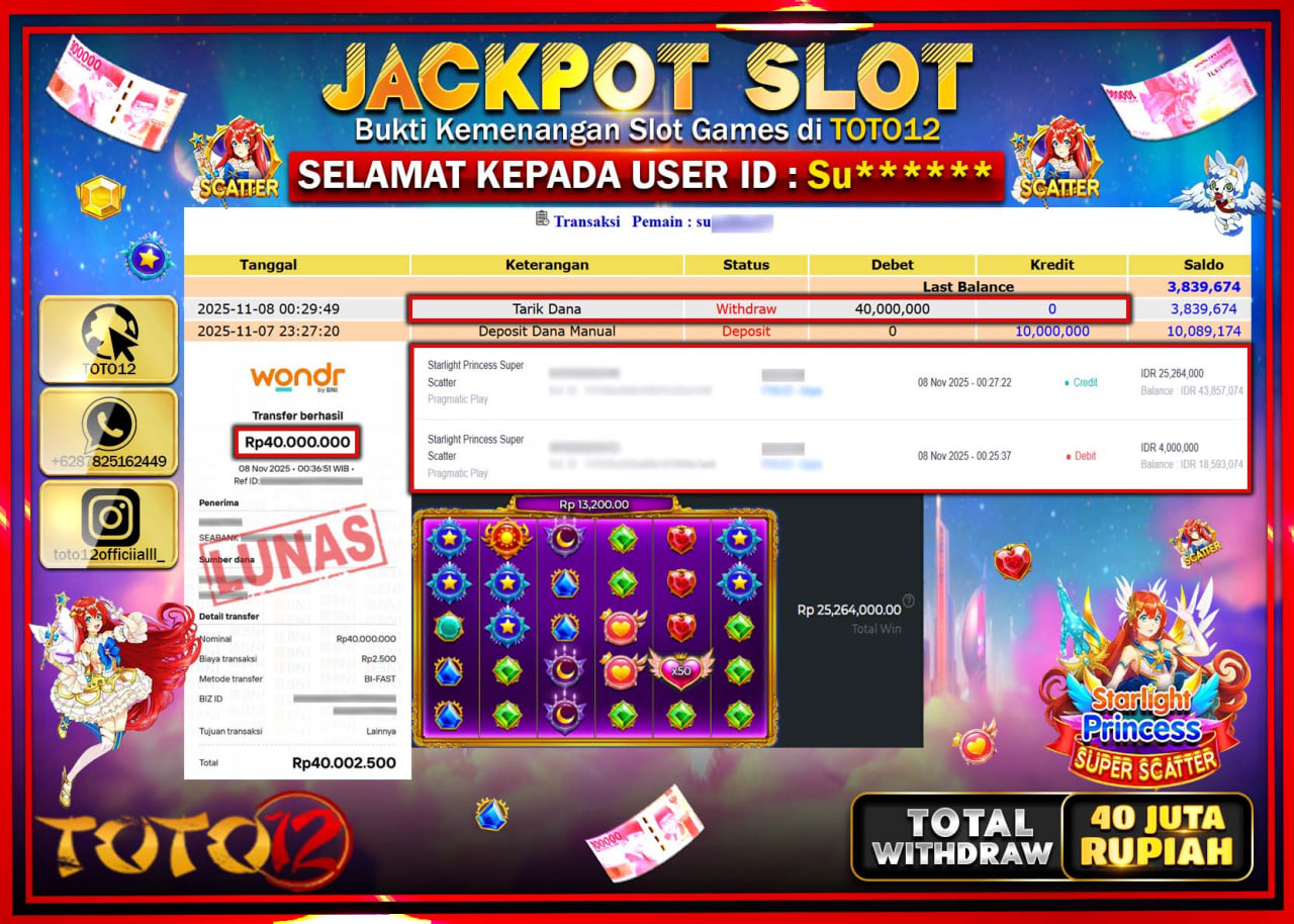 HANYA DI TOTO12 JP PASTI DI BAYAR LUNAS DAN CEPAT!!!!!! JACKPOT SLOT GAME (STARLIGHT PRINCESS SUPER SCATTER) Rp.40.000.000 !!!!