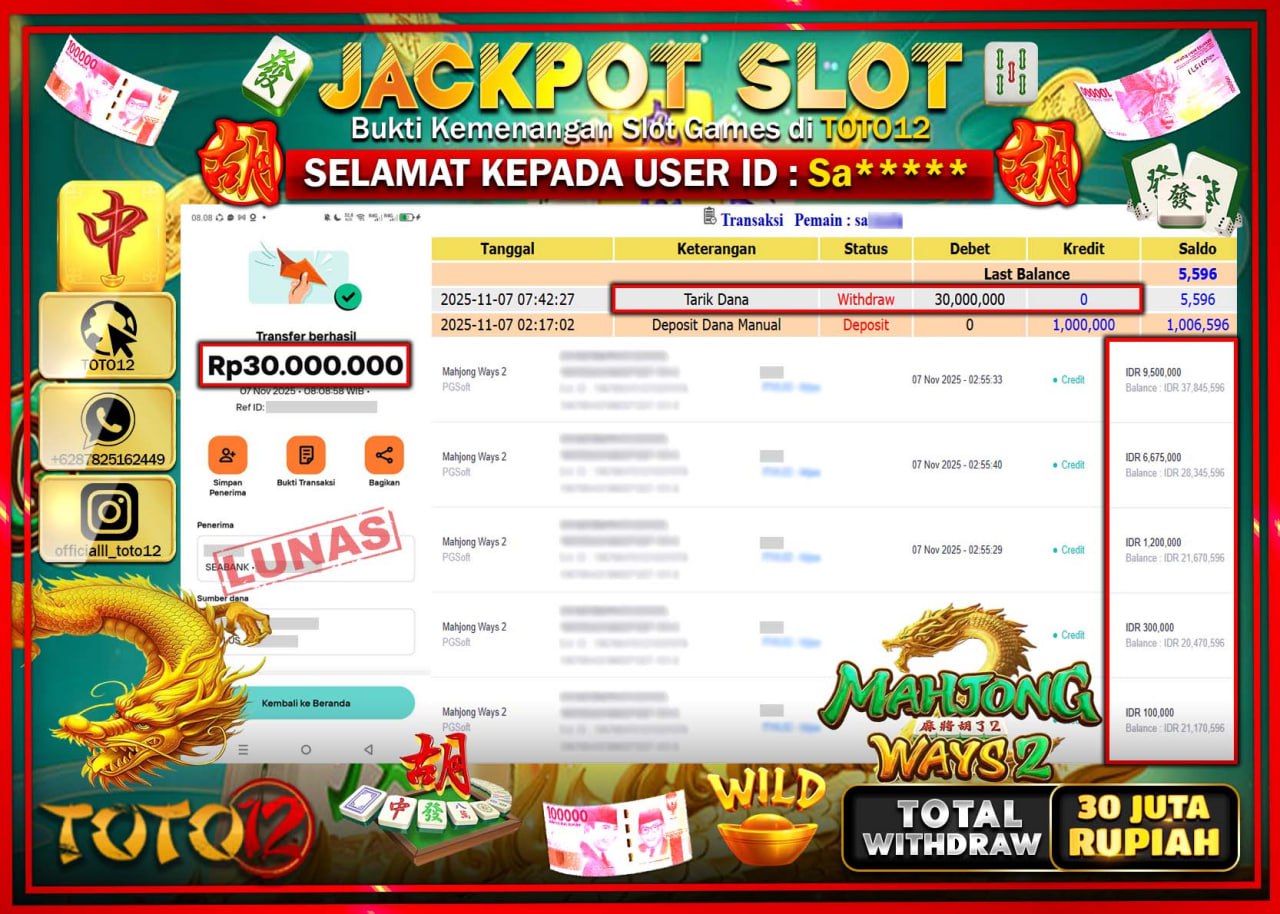 HANYA DI TOTO12 JP PASTI DI BAYAR LUNAS DAN CEPAT!!!!!! JACKPOT SLOT GAME (MAHJONG WAYS 2) Rp.30.000.000 !!!!