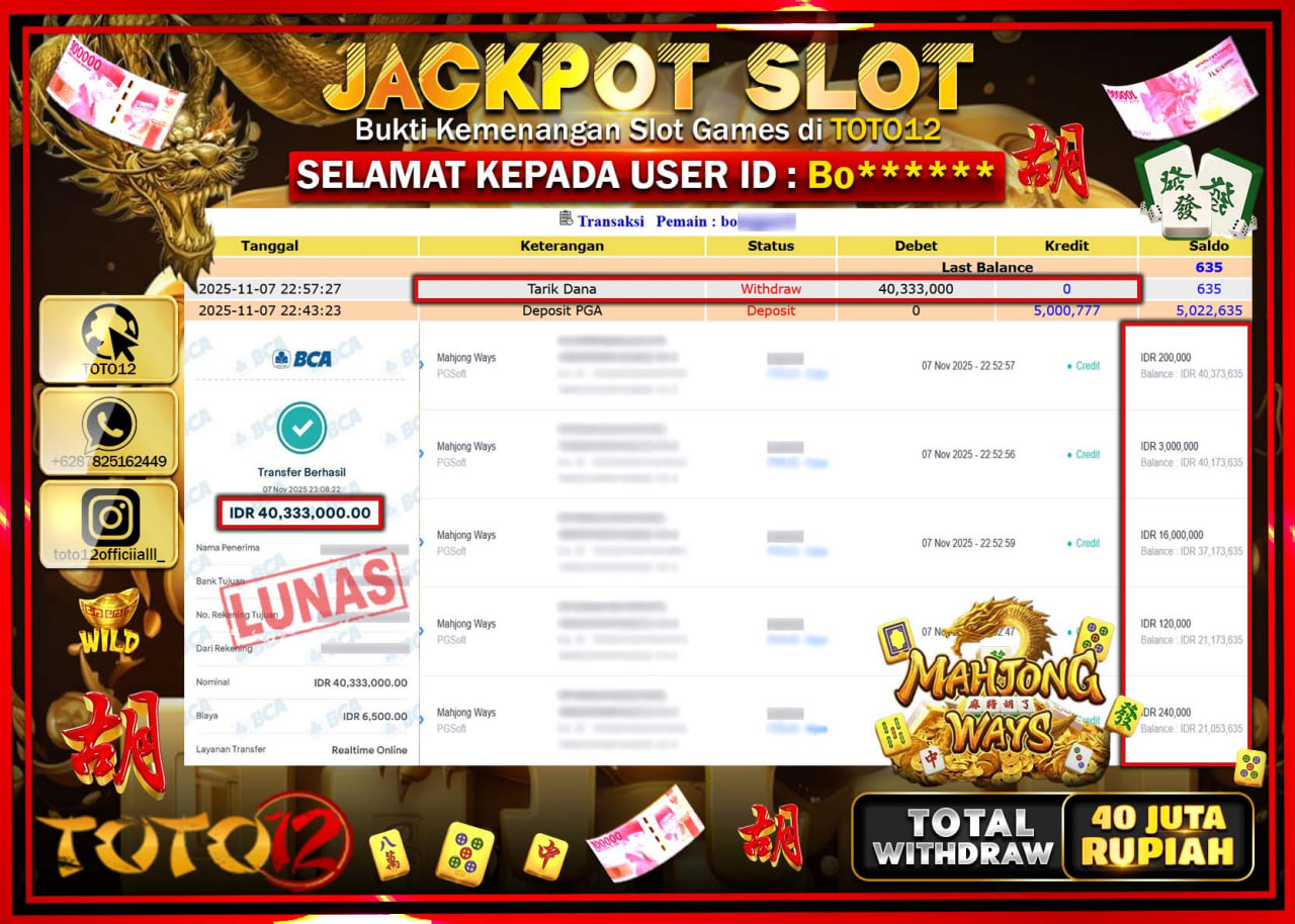 HANYA DI TOTO12 JP PASTI DI BAYAR LUNAS DAN CEPAT!!!!!! JACKPOT SLOT GAME (MAHJONG WAYS) Rp.40.333.000 !!!!