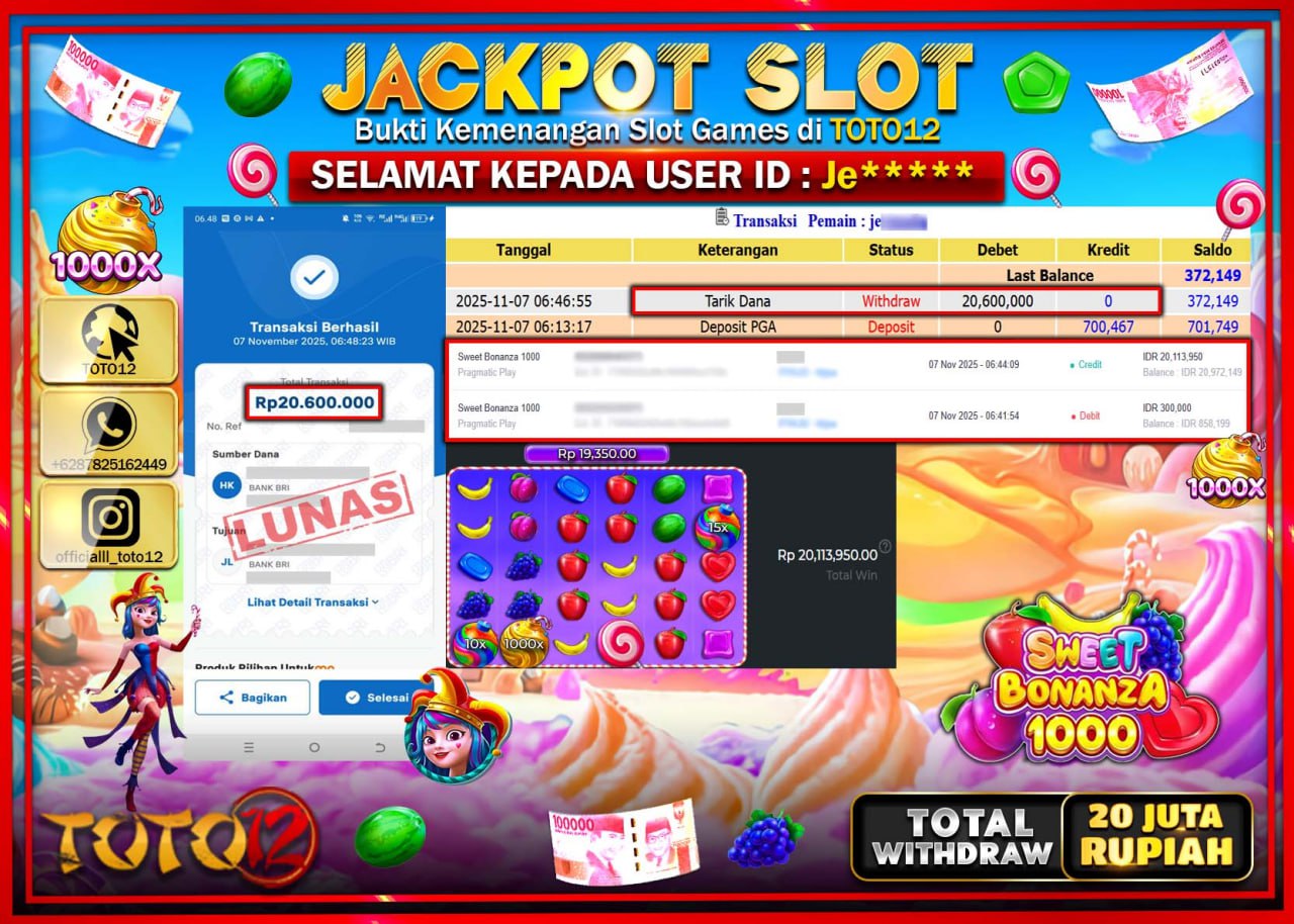 HANYA DI TOTO12 JP PASTI DI BAYAR LUNAS DAN CEPAT!!!!!! JACKPOT SLOT GAME (SWEET BONANZA 1000) Rp.20.600.000 !!!!
