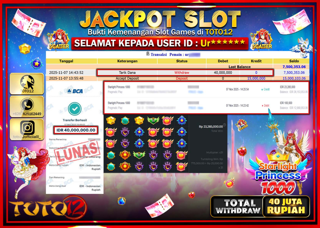 HANYA DI TOTO12 JP PASTI DI BAYAR LUNAS DAN CEPAT!!!!!! JACKPOT SLOT GAME (STARLIGHT PRINCESS 1000) Rp.40.000.000 !!!!