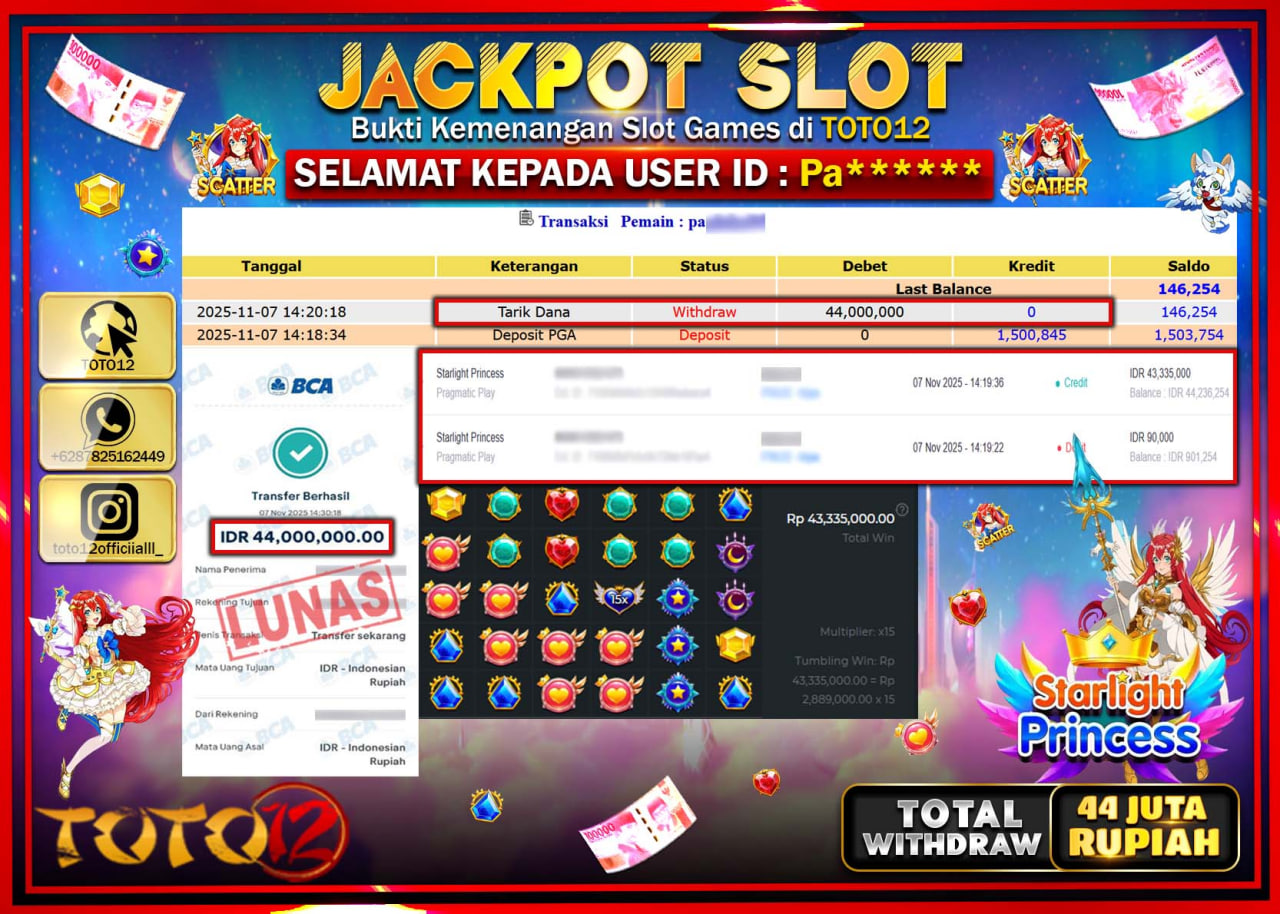 HANYA DI TOTO12 JP PASTI DI BAYAR LUNAS DAN CEPAT!!!!!! JACKPOT SLOT GAME (STARLIGHT PRINCESS) Rp.44.000.000 !!!!