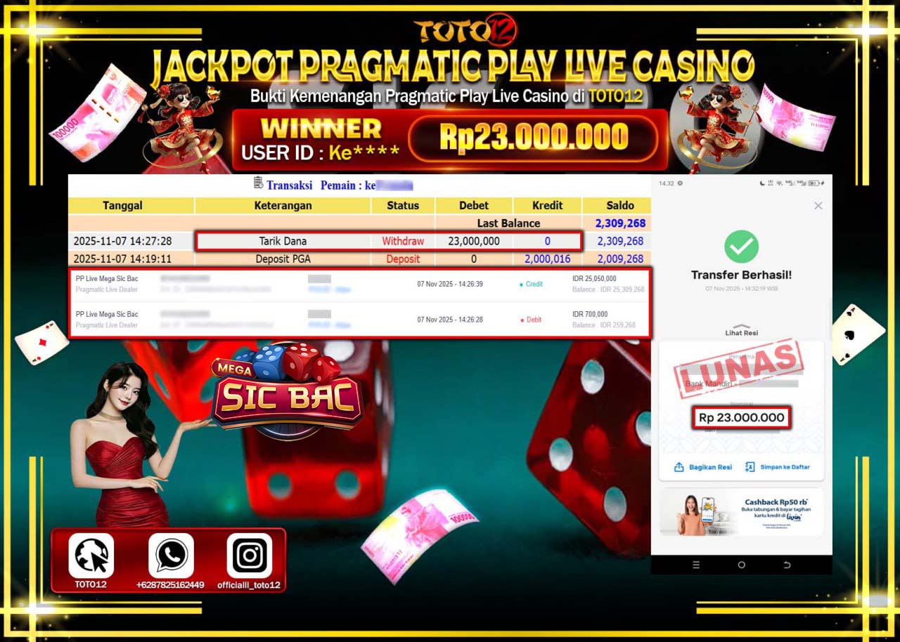 HANYA DI TOTO12 JP PASTI DI BAYAR LUNAS DAN CEPAT!!!!!! JACKPOT PRAGMATIC PLAY LIVE CASINO (MEGA SIC BAC) Rp.23.000.000 !!!!