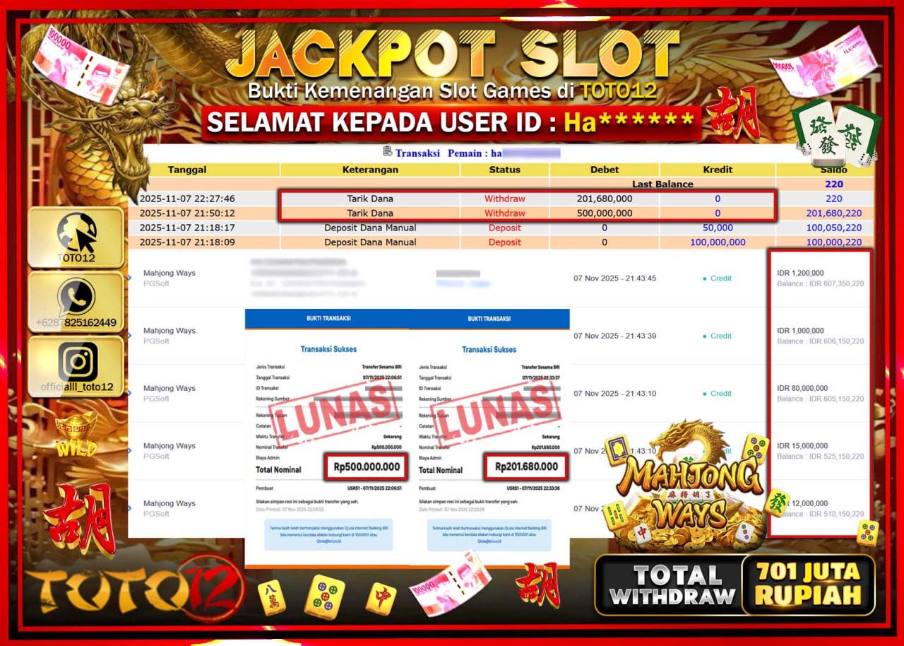 HANYA DI TOTO12 JP PASTI DI BAYAR LUNAS DAN CEPAT!!!!!! JACKPOT SLOT GAME (MAHJONG WAYS) Rp.701.680.000 !!!!
