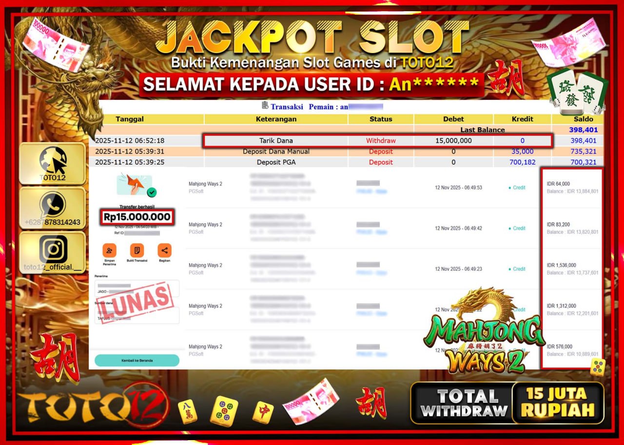 HANYA DI TOTO12 JP PASTI DI BAYAR LUNAS DAN CEPAT!!!!!! JACKPOT SLOT GAME (MAHJONG WAYS 2) Rp.15.000.000 !!!!