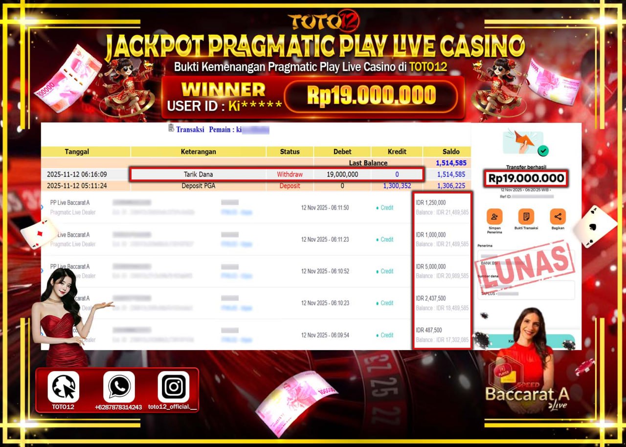 HANYA DI TOTO12 JP PASTI DI BAYAR LUNAS DAN CEPAT!!!!!! JACKPOT PRAGMATIC PLAY LIVE CASINO (LIVE BACCARAT A) Rp.19.000.000 !!!!