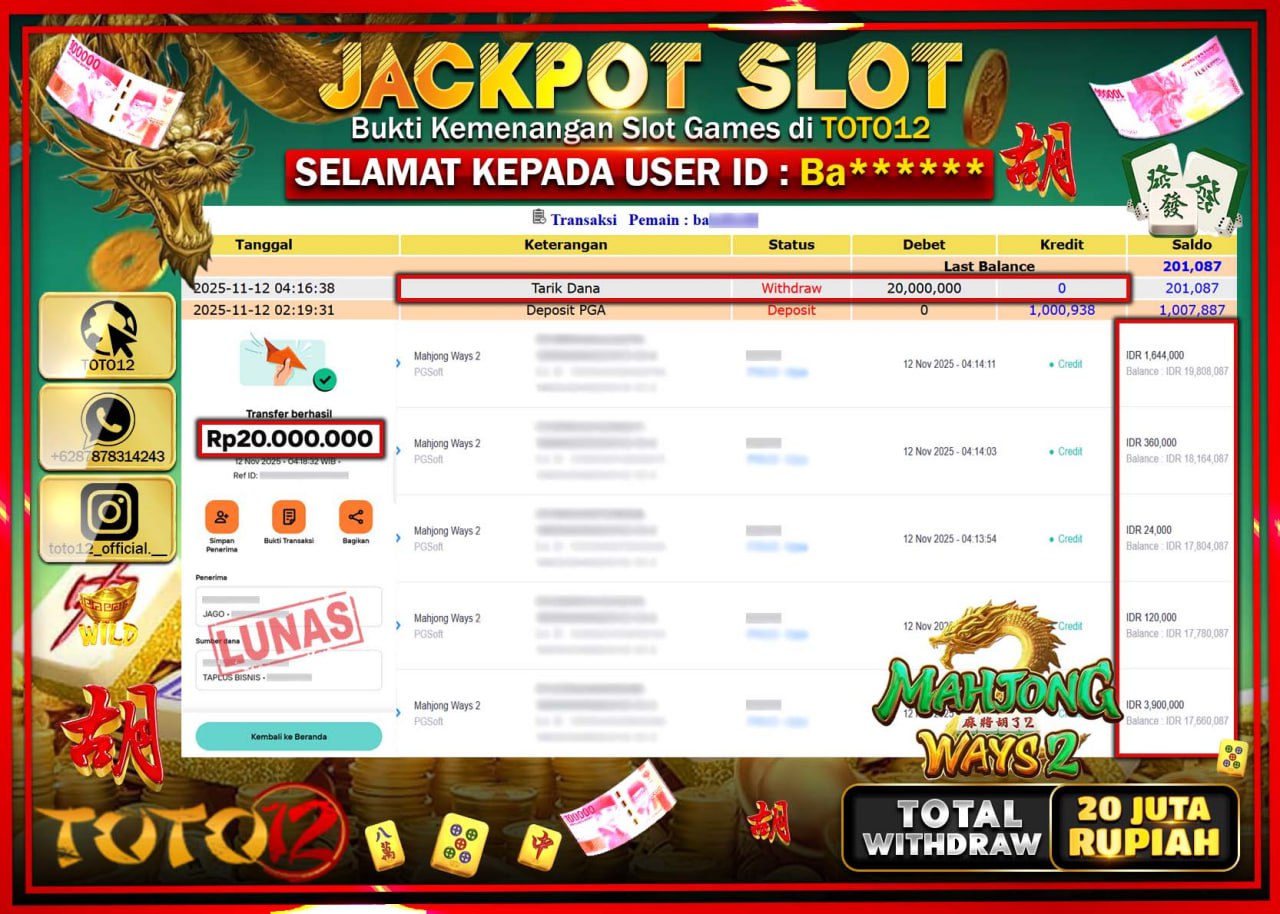 HANYA DI TOTO12 JP PASTI DI BAYAR LUNAS DAN CEPAT!!!!!! JACKPOT SLOT GAME (MAHJONG WAYS 2) Rp.20.000.000 !!!!