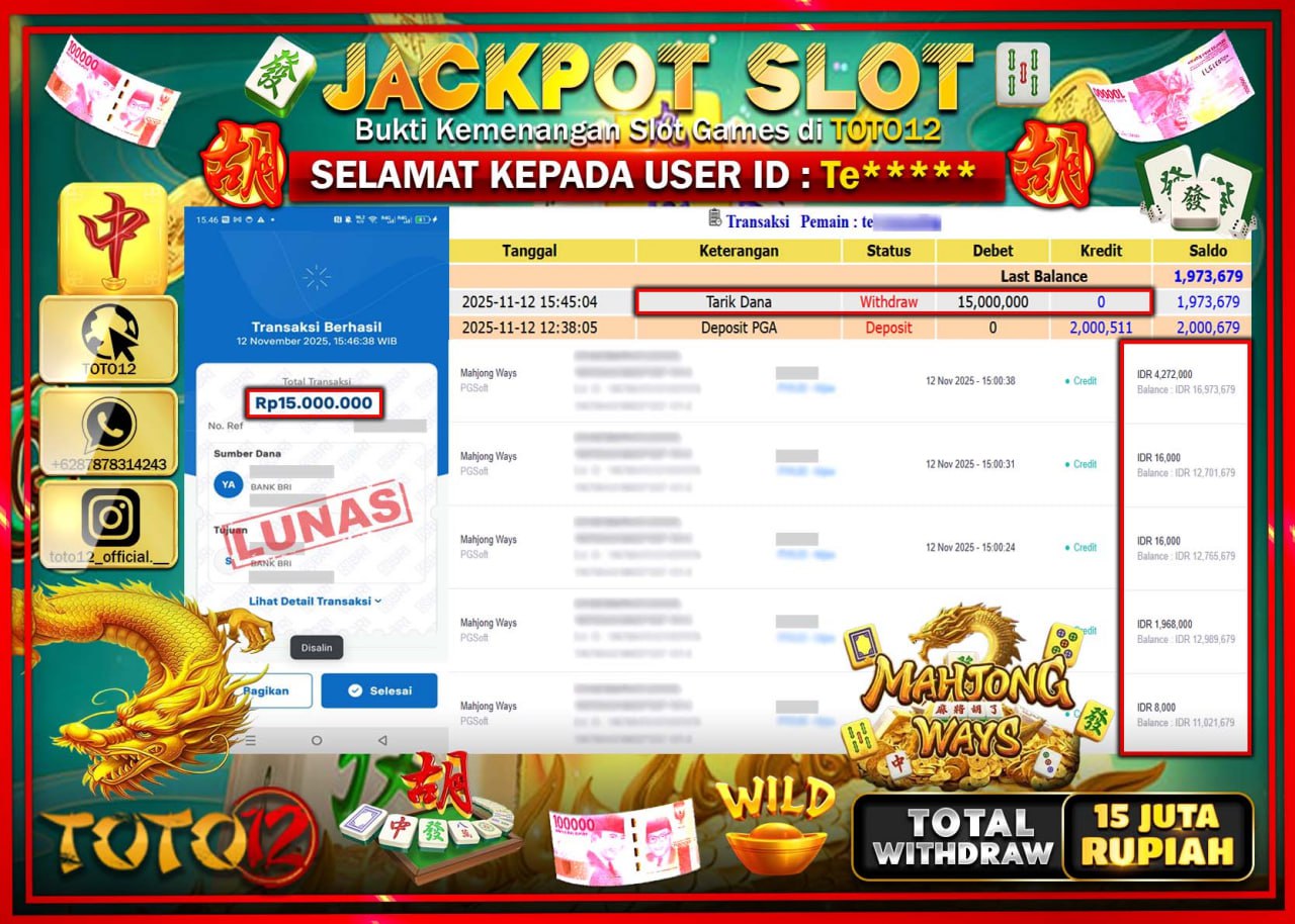 HANYA DI TOTO12 JP PASTI DI BAYAR LUNAS DAN CEPAT!!!!!! JACKPOT SLOT GAME (MAHJONG WAYS) Rp.15.000.000 !!!!