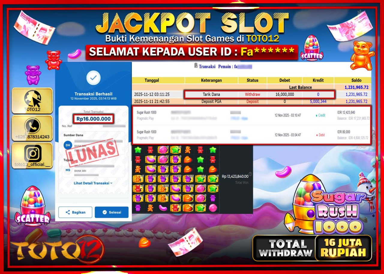 HANYA DI TOTO12 JP PASTI DI BAYAR LUNAS DAN CEPAT!!!!!! JACKPOT SLOT GAME (SUGAR RUSH 1000) Rp.16.000.000 !!!!